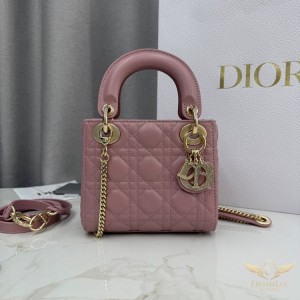 디올 레이디 디올 미니 핑크 토트백 M0505OCAL 까나쥬 램스킨 골드 체인